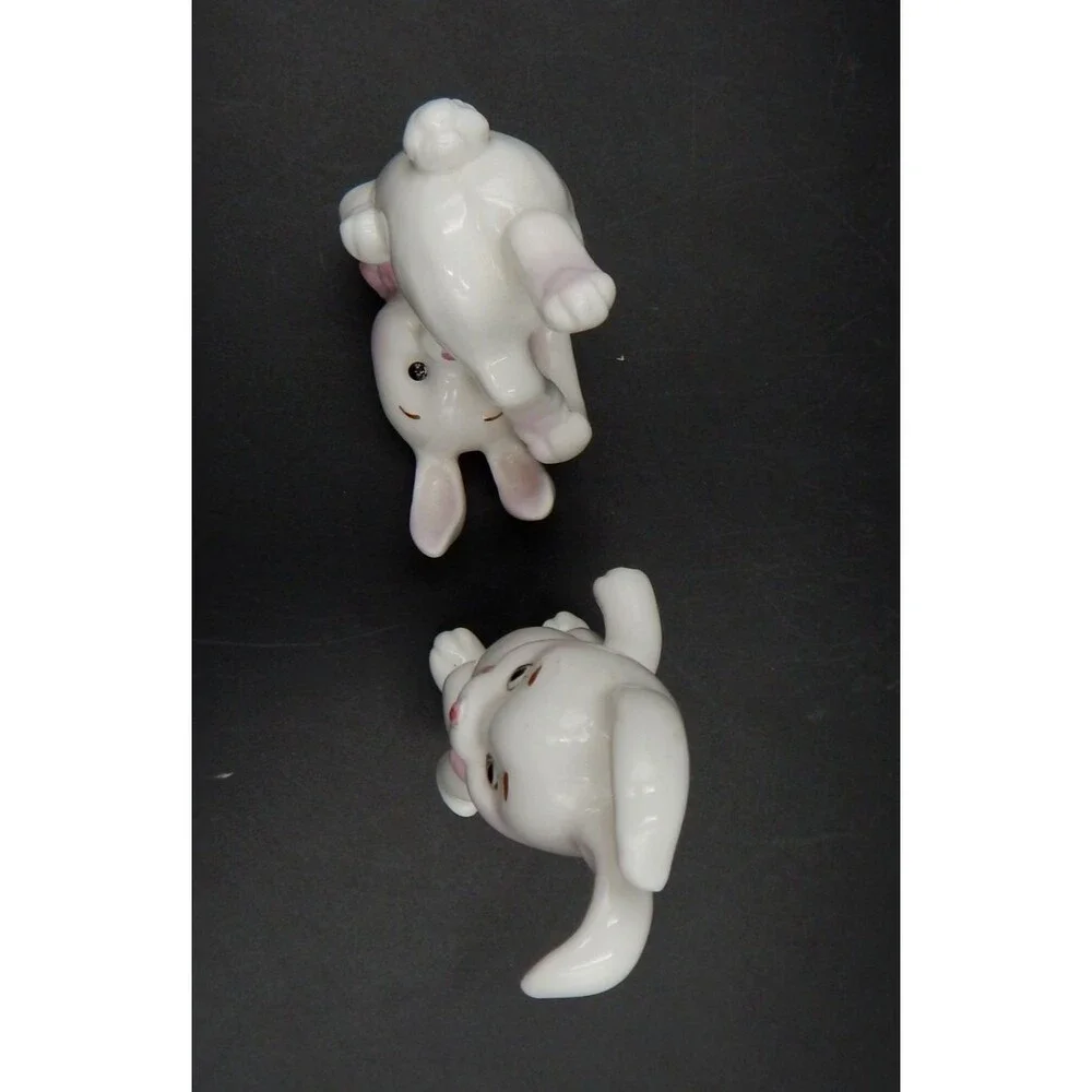 Bone China Tumbling Bunnies Rabbit Figurines 3.5 Inch White Pink Bow Taiwan
